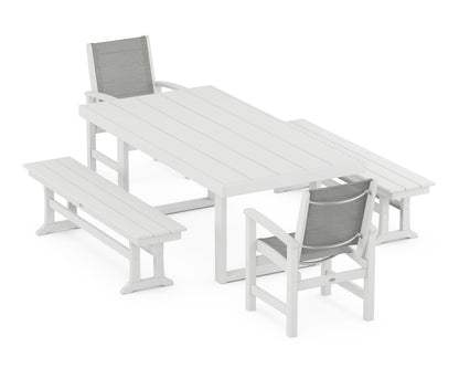 POLYWOOD® Coastal 5-Piece Dining Set with Trestle Legs in White / Metallic Sling