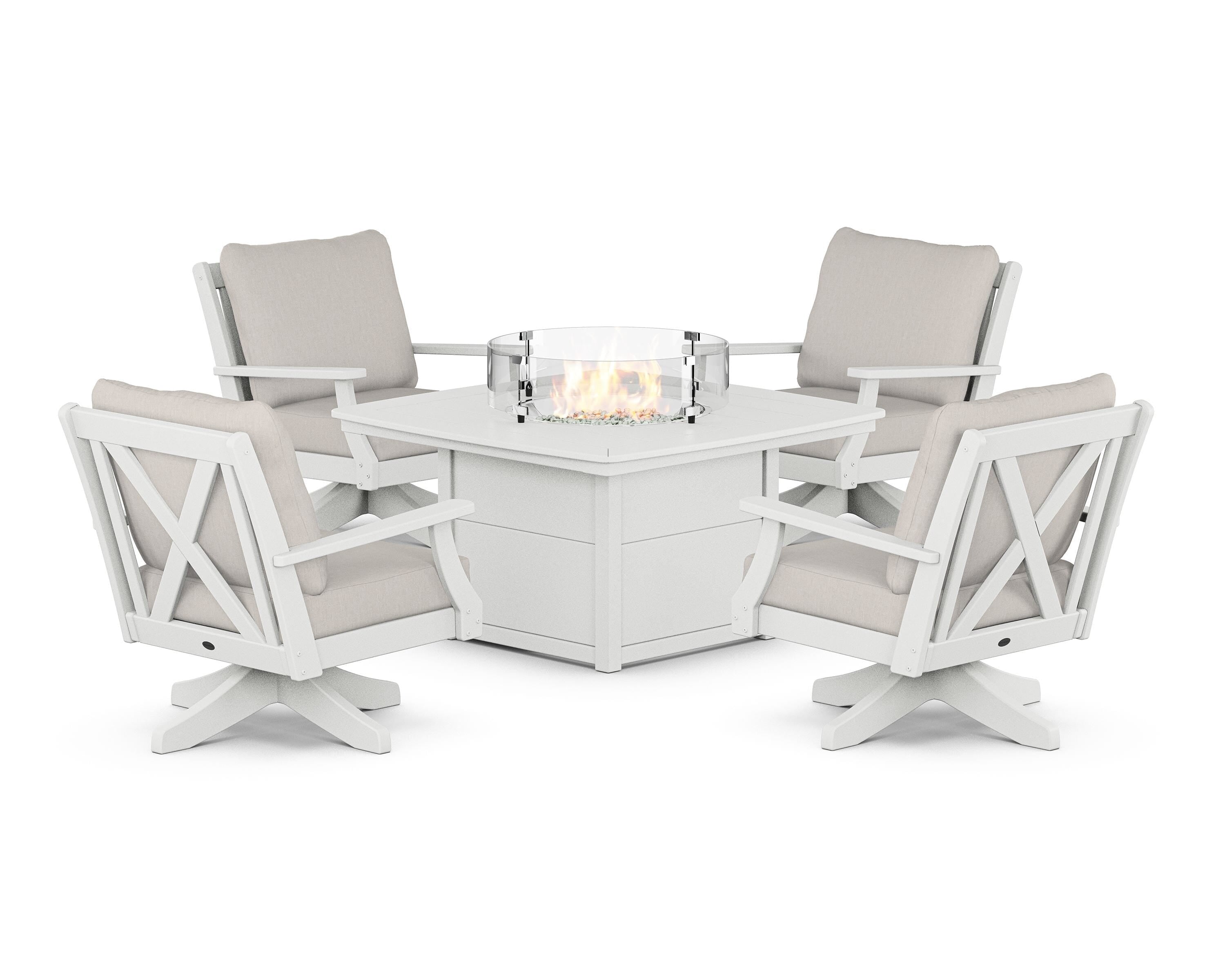 POLYWOOD® Braxton 5-Piece Deep Seating Swivel Conversation Set with Fire Pit Table in White / Cast Ash