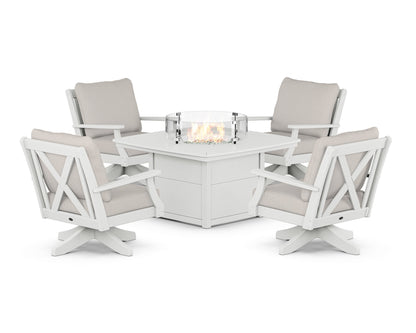 POLYWOOD® Braxton 5-Piece Deep Seating Swivel Conversation Set with Fire Pit Table in White / Cast Ash