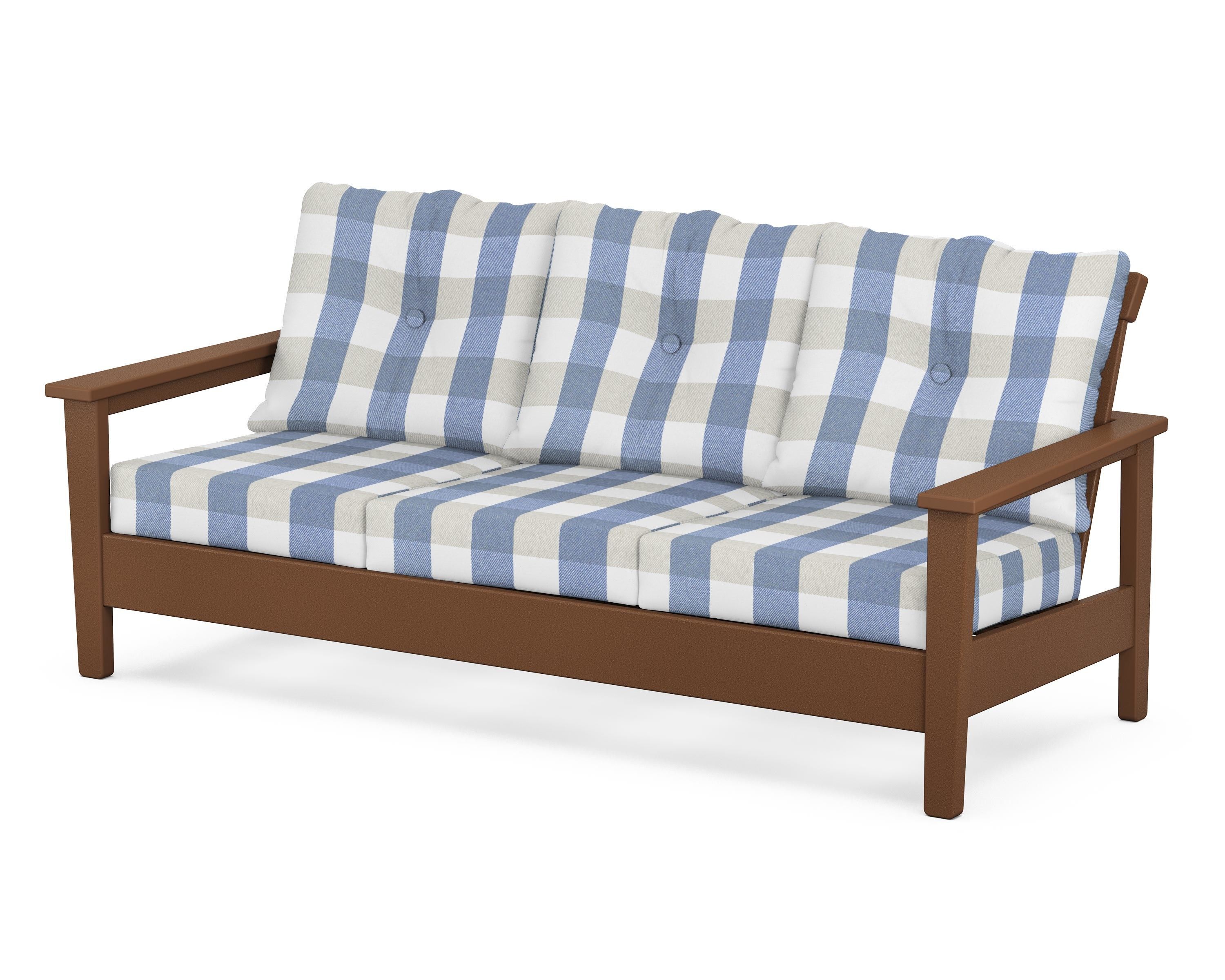 POLYWOOD® Prescott Deep Seating Sofa in Teak / Buffalo Plaid Sky Blue