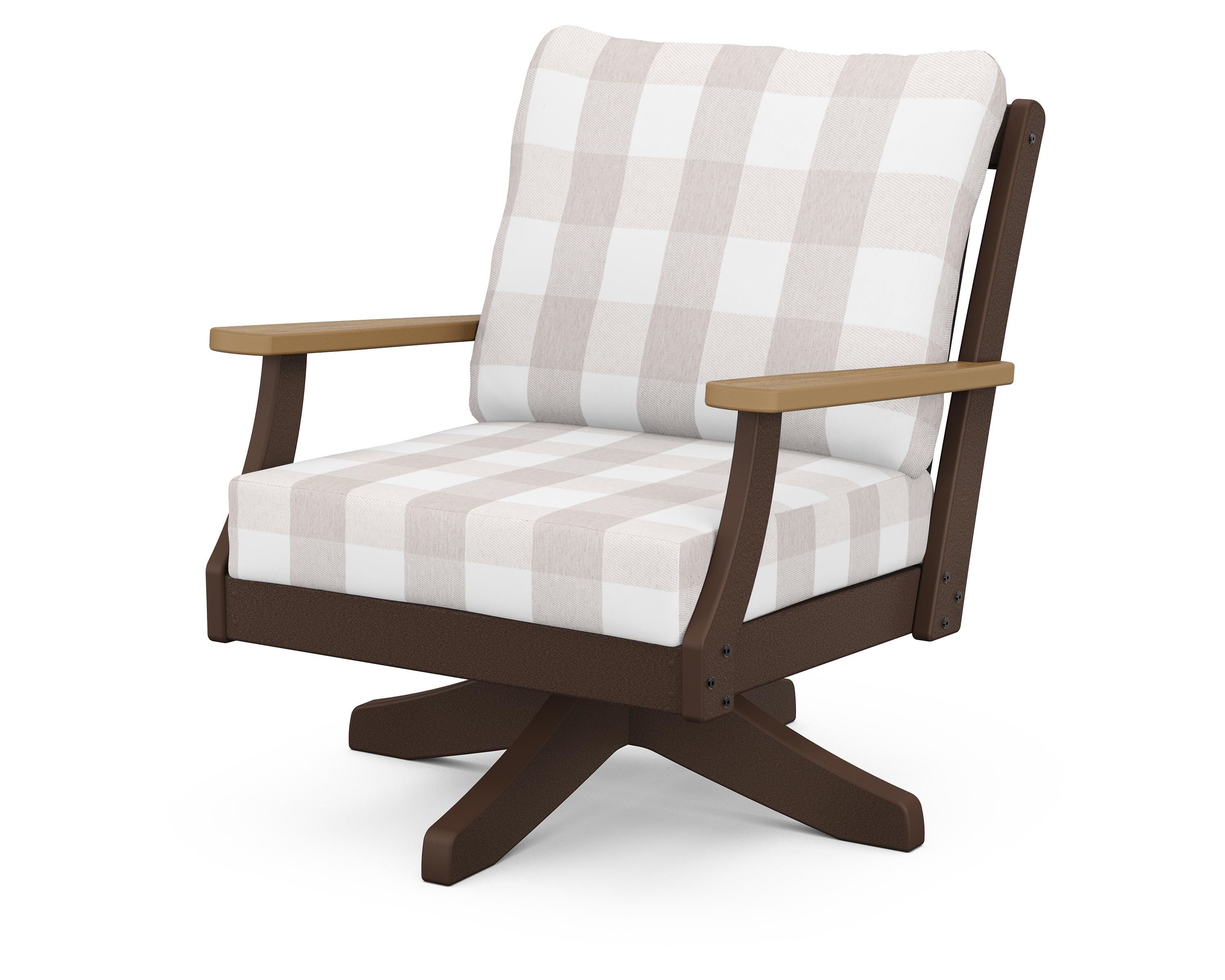 POLYWOOD® Braxton Deep Seating Swivel Chair in Mahogany / Natural / Buffalo Plaid Dune Burlap