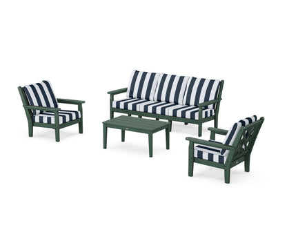 POLYWOOD® Chippendale 4-Piece Deep Seating Set with Sofa in Green / Cabana Stripe Marine Indigo