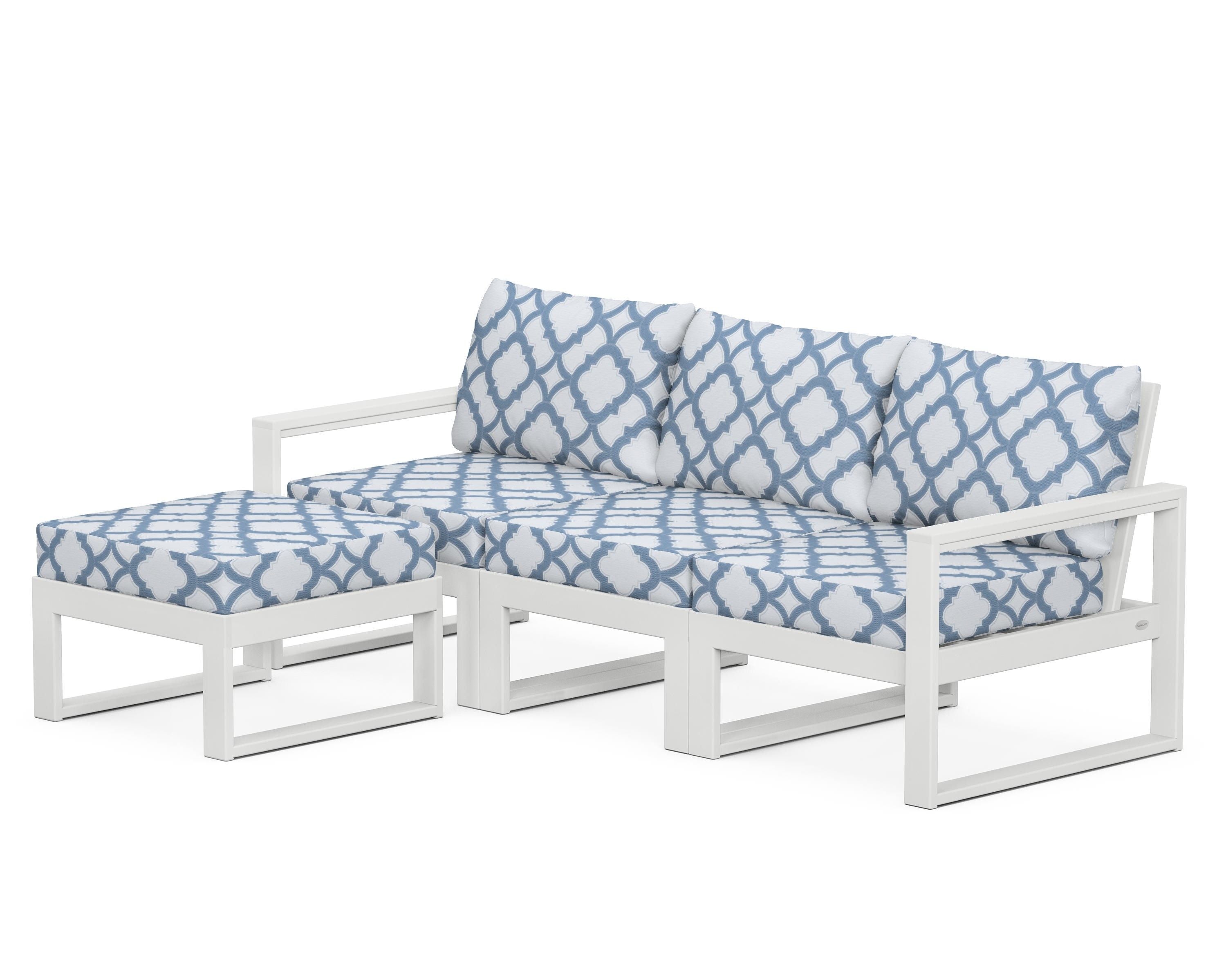 POLYWOOD® EDGE 4-Piece Modular Deep Seating Set with Ottoman in White / Trellis Sky Blue