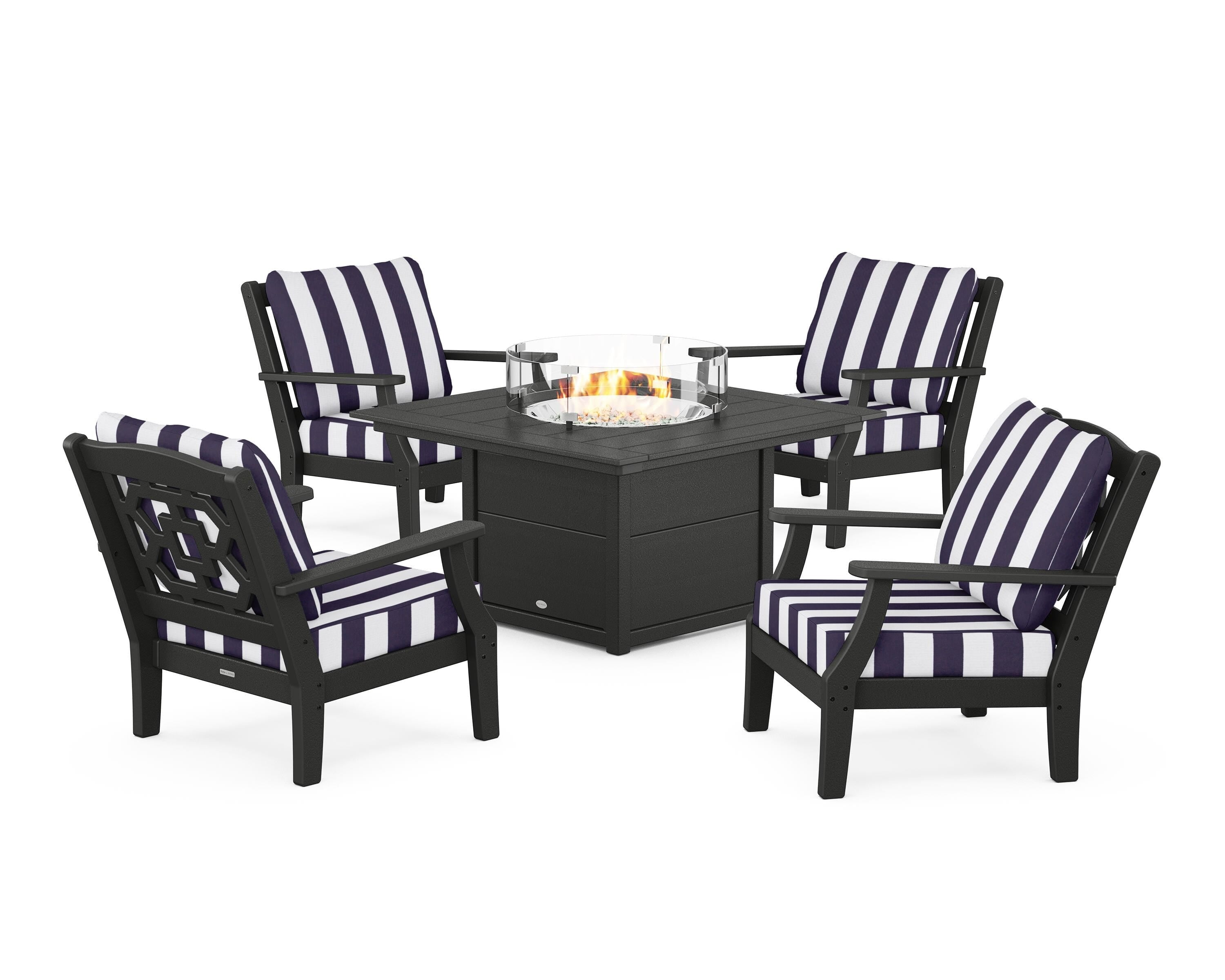 Martha Stewart by POLYWOOD® Chinoiserie 5-Piece Deep Seating Set with Fire Pit Table in Black / Cabana Stripe Navy