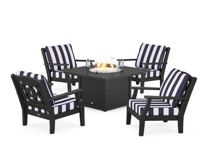 Martha Stewart by POLYWOOD® Chinoiserie 5-Piece Deep Seating Set with Fire Pit Table in Black / Cabana Stripe Navy