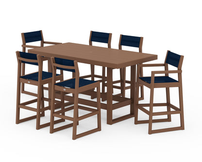 POLYWOOD® EDGE Sling 7-Piece Bar Table Set in Teak / Navy Blue Sling