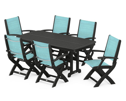 POLYWOOD® Coastal Folding Arm Chair 7-Piece Dining Set in Black / Dupioni Aquamarine Sling