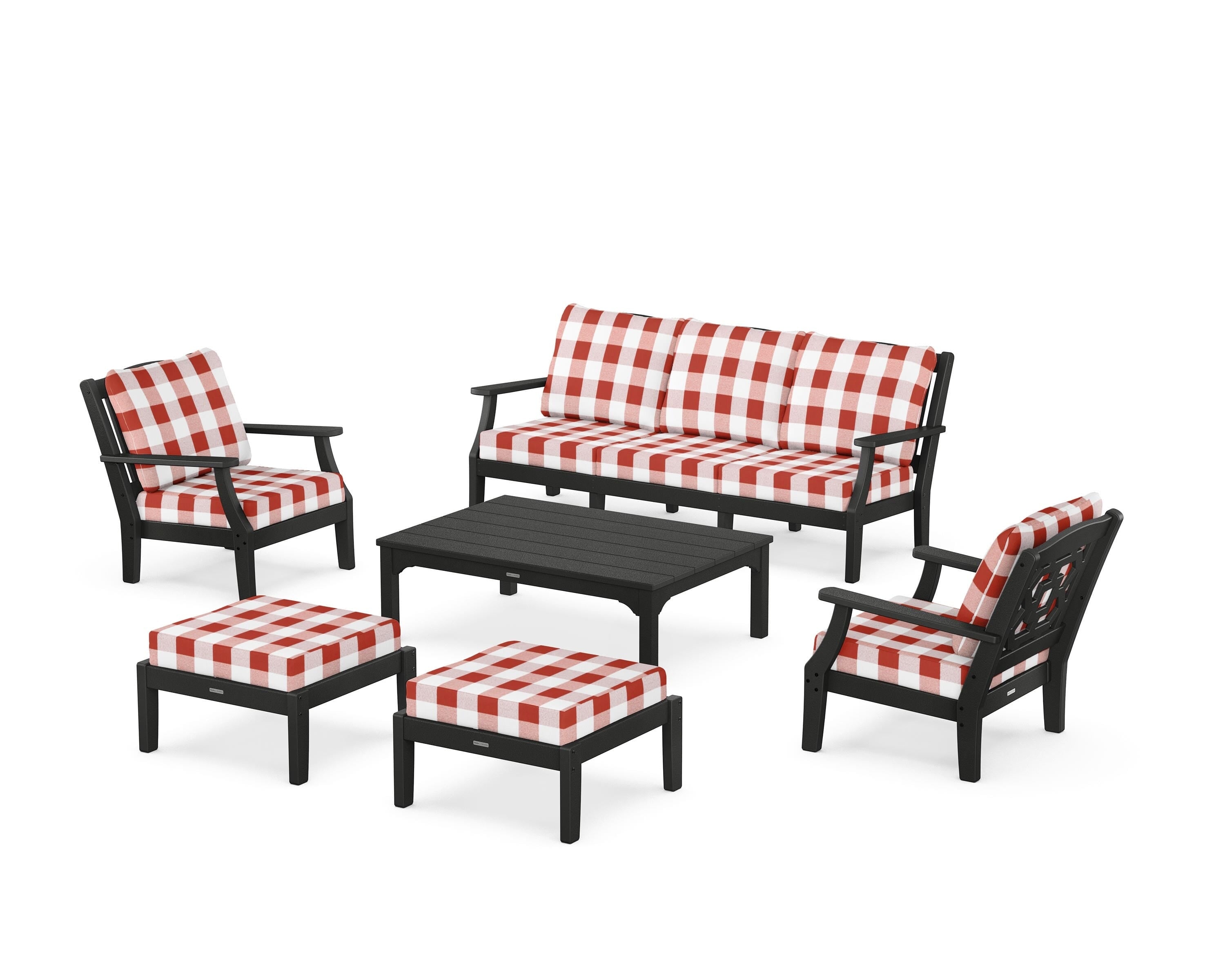 Martha Stewart by POLYWOOD® Chinoiserie 6-Piece Lounge Sofa Set in Black / Buffalo Plaid Crimson