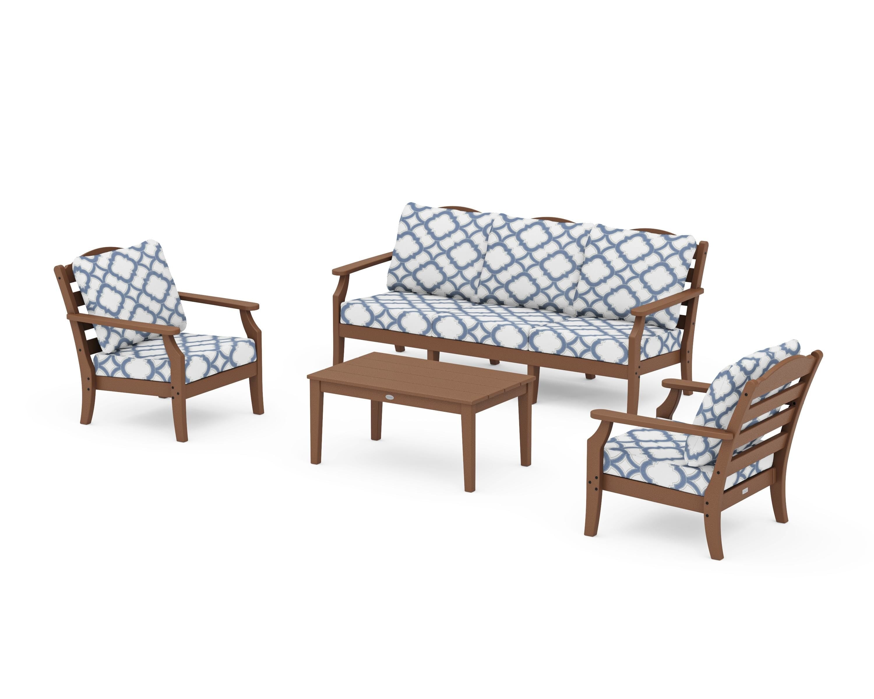 Draper James™ by  POLYWOOD® Savannah 4-Piece Deep Seating Set with Sofa in Teak / Trellis Sky Blue