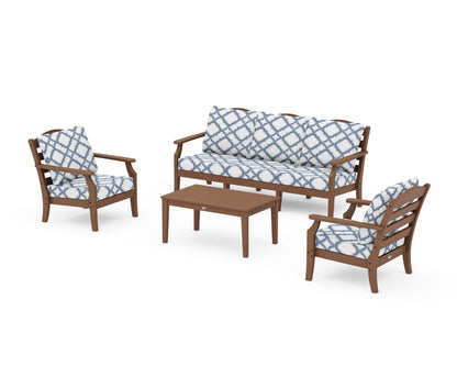 Draper James™ by  POLYWOOD® Savannah 4-Piece Deep Seating Set with Sofa in Teak / Trellis Sky Blue