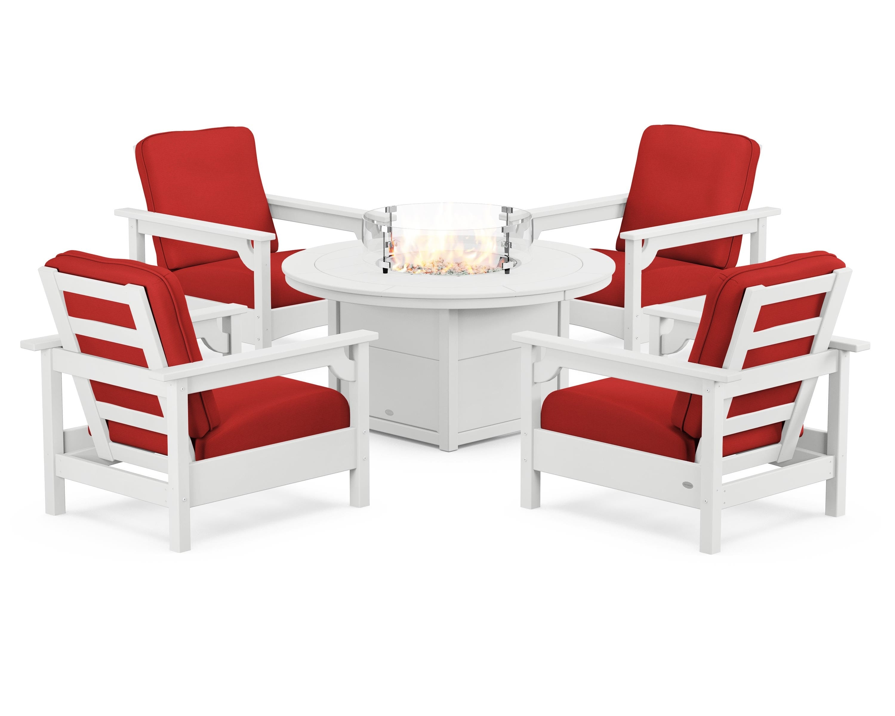 POLYWOOD® Club 5-Piece Conversation Set with Fire Pit Table in White / Crimson Linen
