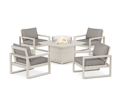 POLYWOOD® EDGE Sectional 5-Piece Deep Seating Set with Fire Pit Table in Sand / Weathered Tweed