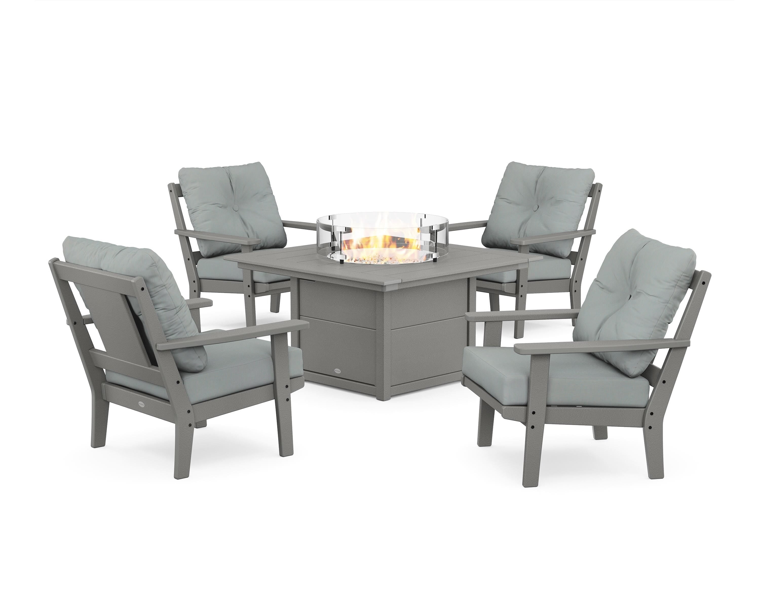 POLYWOOD® Prairie 5-Piece Deep Seating Set with Fire Pit Table in Slate Grey / Spa