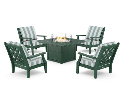 Country Living Wovendale 5-Piece Deep Seating Set with Fire Pit Table in Green / Cabana Stripe Glacier Spa