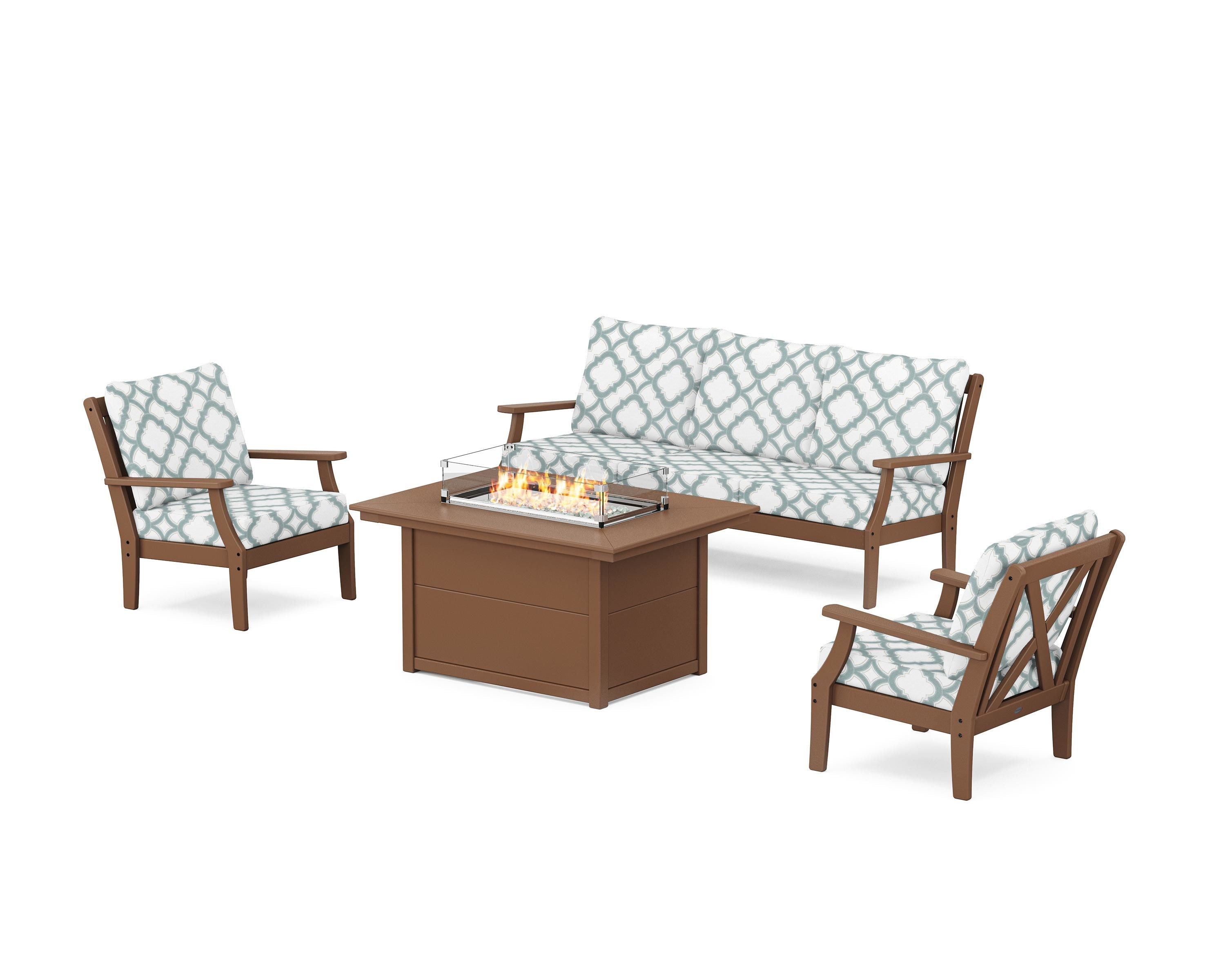 POLYWOOD® Braxton Deep Seating Fire Pit Table Set in Teak / Trellis Glacier Spa