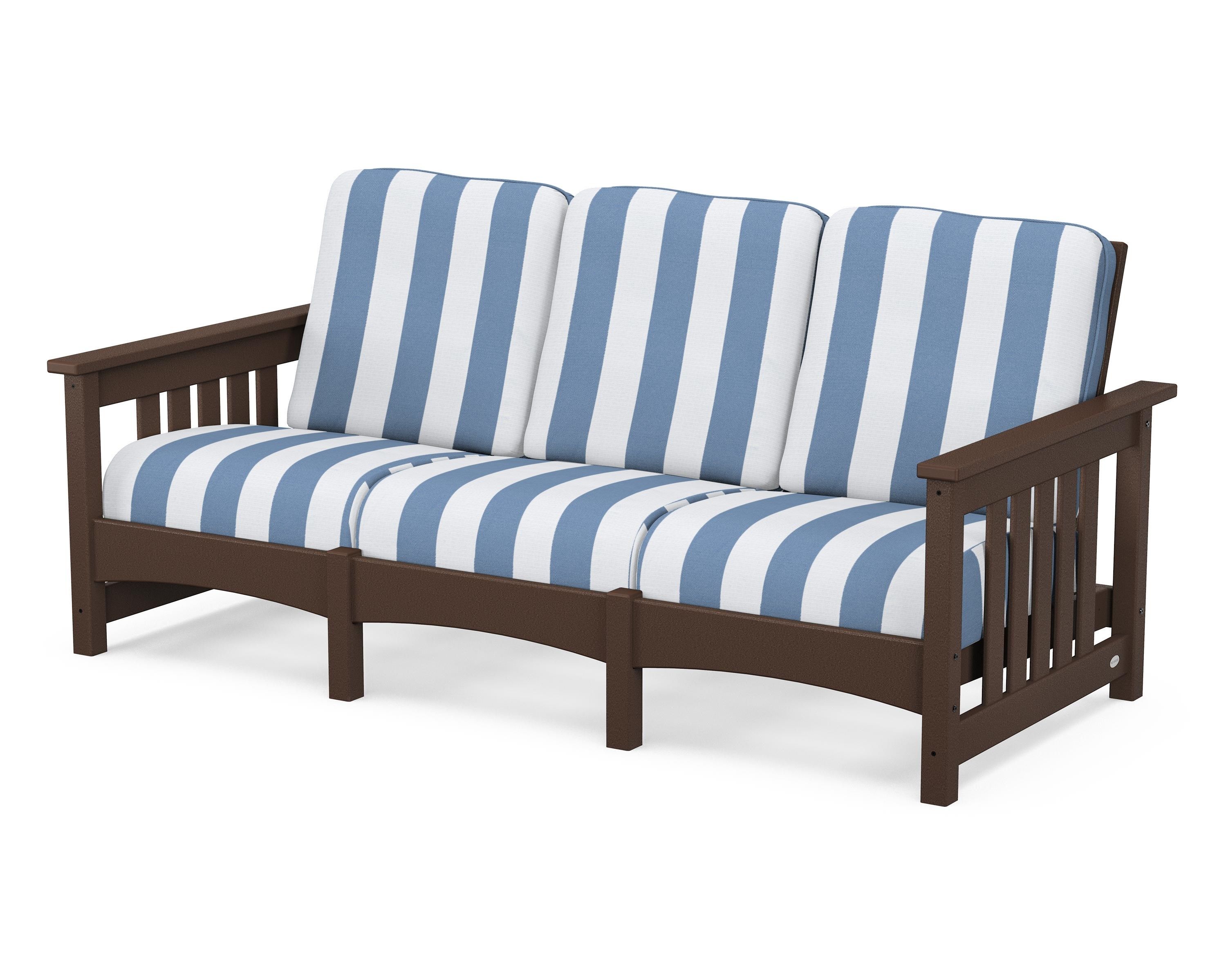 POLYWOOD® Club Mission Sofa in Mahogany / Cabana Stripe Sky Blue