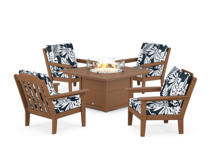 Country Living Cottage 5-Piece Deep Seating Set with Fire Pit Table in Teak / Leaf Marine Indigo