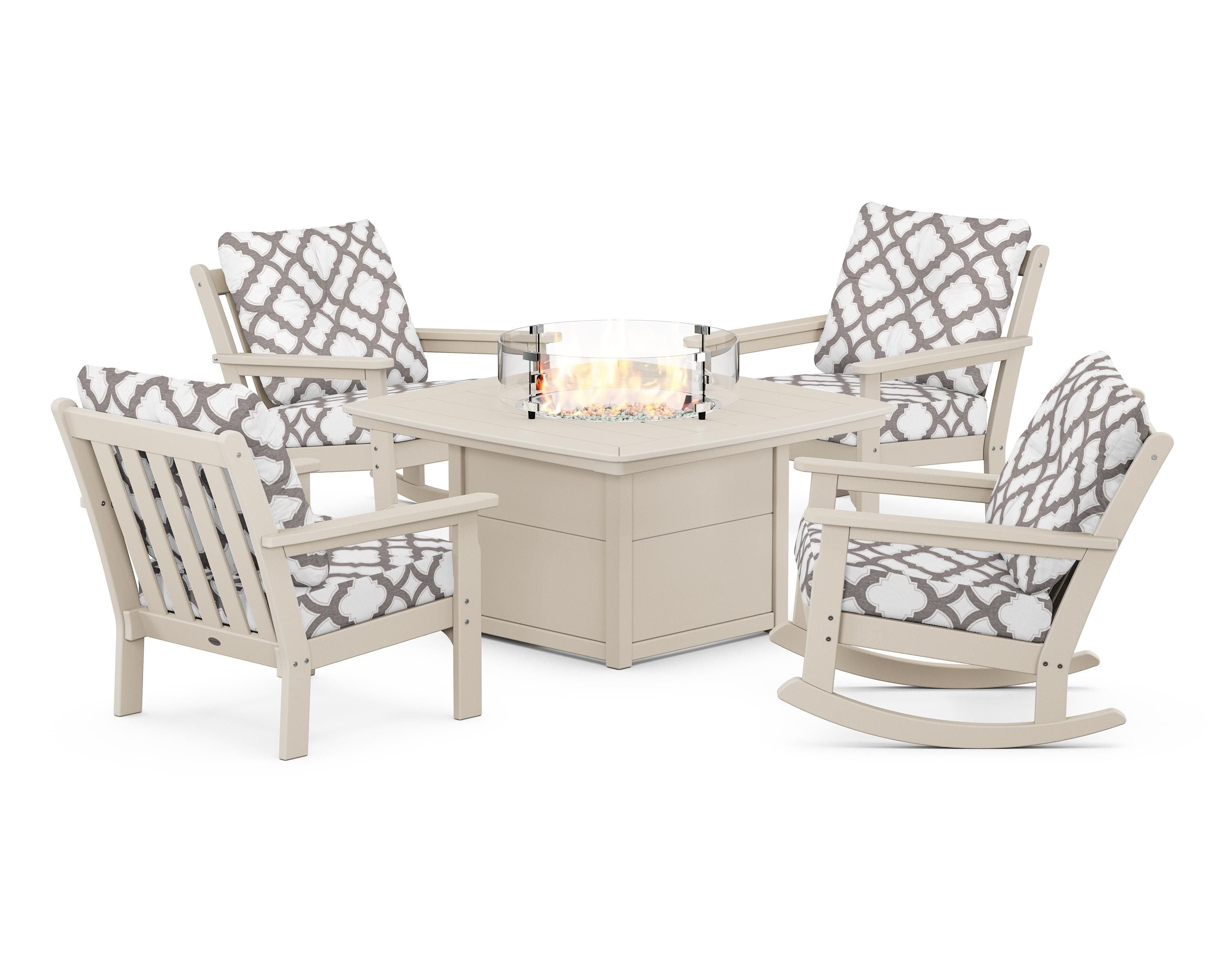 POLYWOOD® Vineyard 5-Piece Deep Seating Rocking Chair Conversation Set with Fire Pit Table in Sand / Trellis Grey Mist
