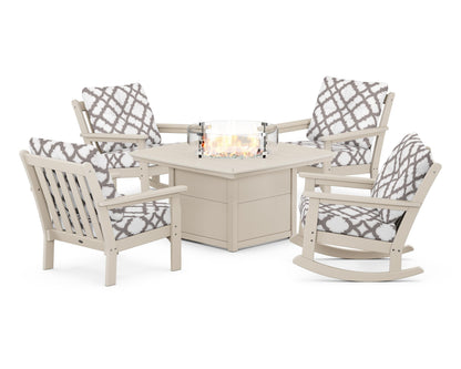 POLYWOOD® Vineyard 5-Piece Deep Seating Rocking Chair Conversation Set with Fire Pit Table in Sand / Trellis Grey Mist