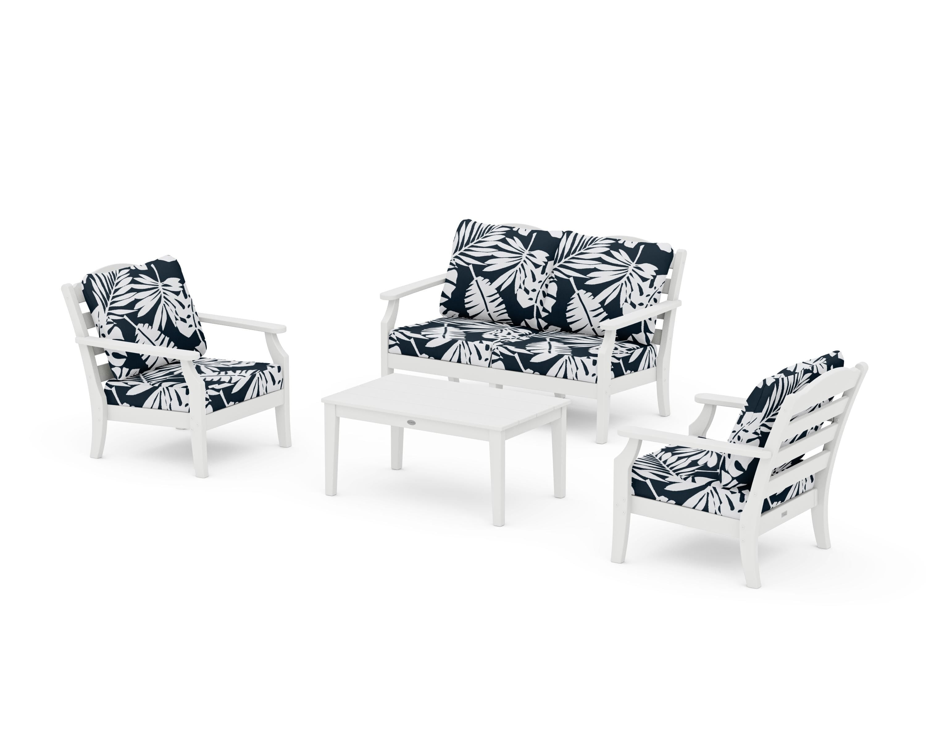 Draper James™ by  POLYWOOD® Savannah 4-Piece Deep Seating Set with Loveseat in White / Leaf Marine Indigo