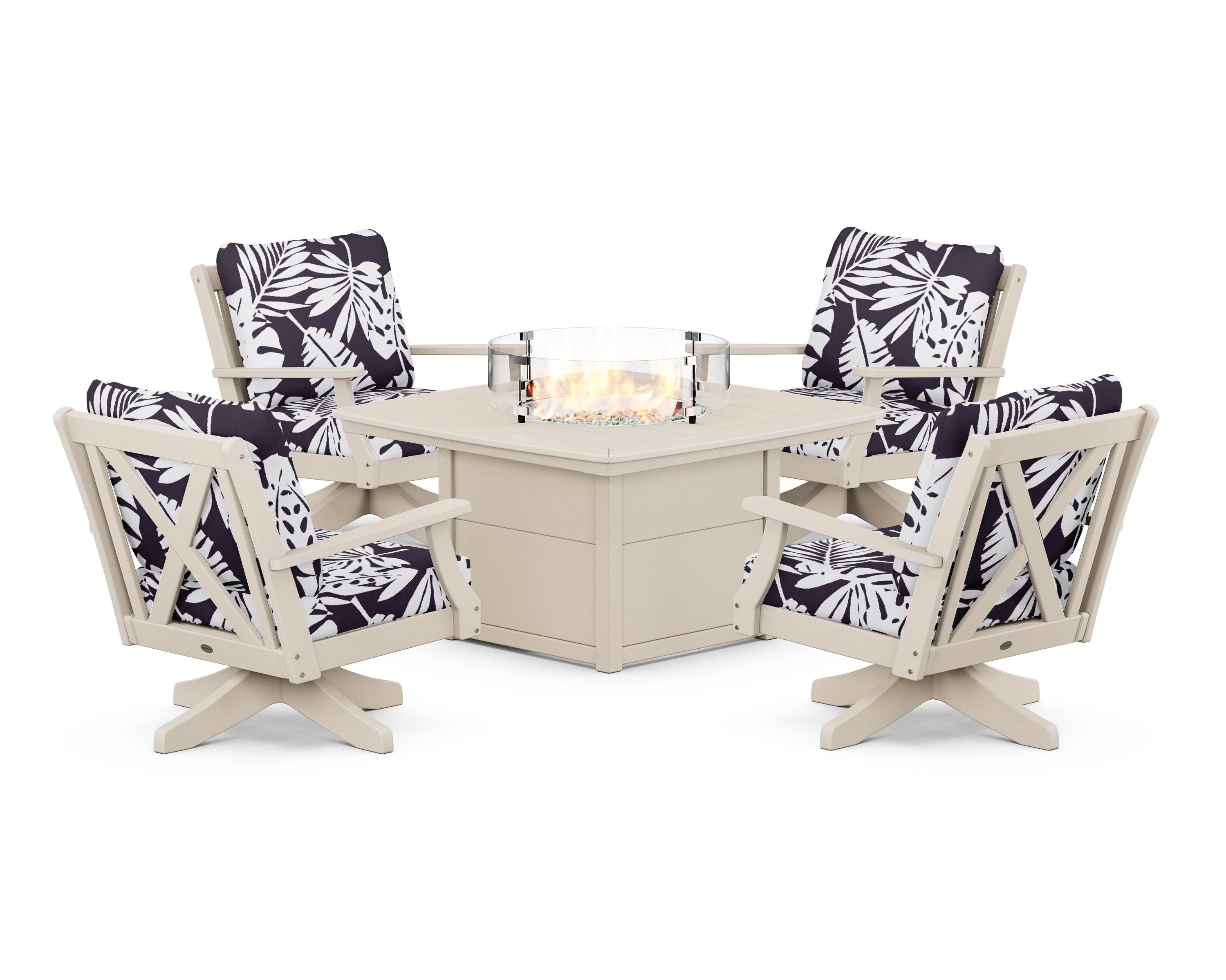 POLYWOOD® Braxton 5-Piece Deep Seating Swivel Conversation Set with Fire Pit Table in Sand / Leaf Navy