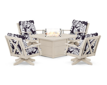 POLYWOOD® Braxton 5-Piece Deep Seating Swivel Conversation Set with Fire Pit Table in Sand / Leaf Navy