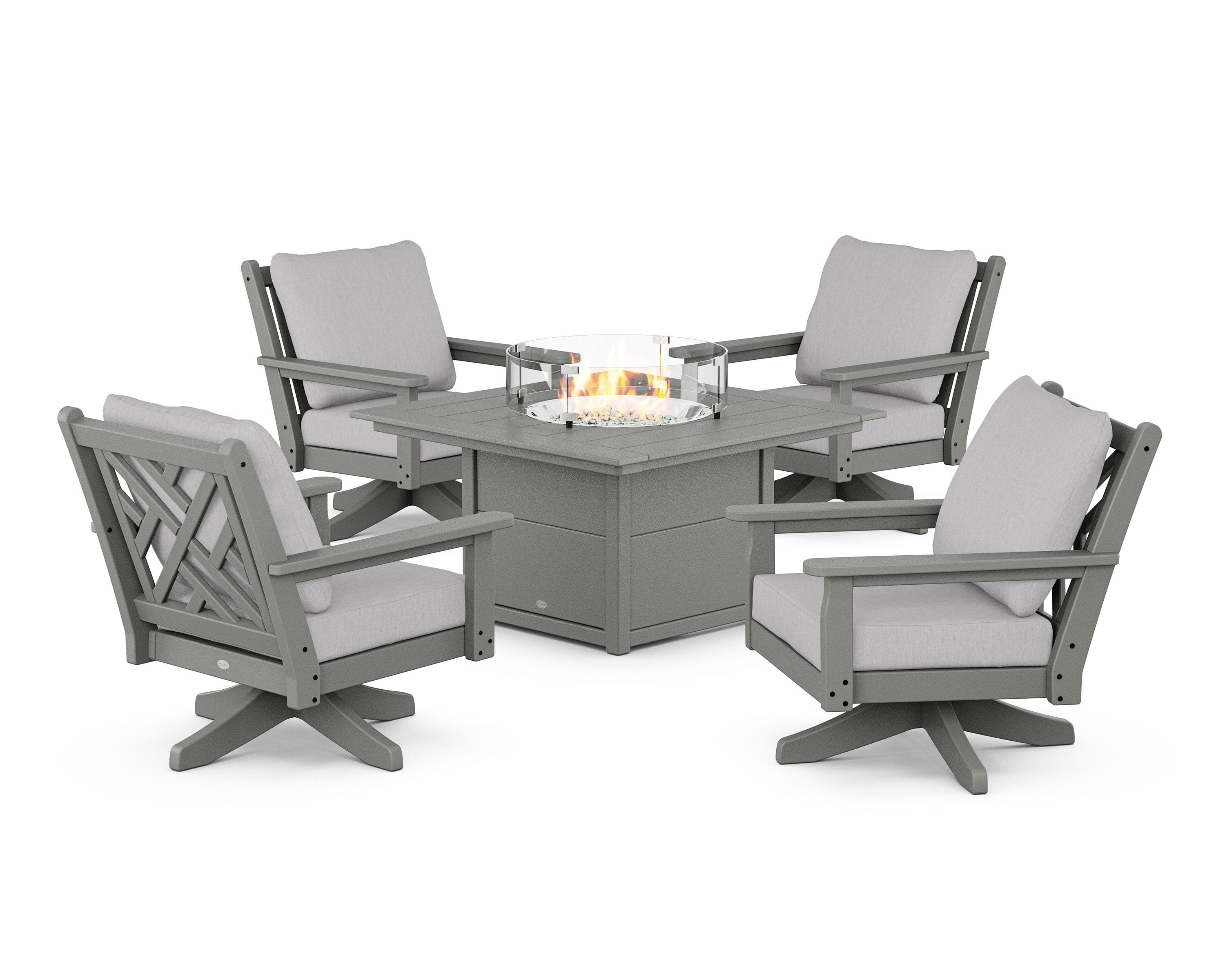 POLYWOOD® Chippendale 5-Piece Deep Seating Swivel Conversation Set with Fire Pit Table in Slate Grey / Granite