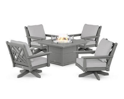 POLYWOOD® Chippendale 5-Piece Deep Seating Swivel Conversation Set with Fire Pit Table in Slate Grey / Granite