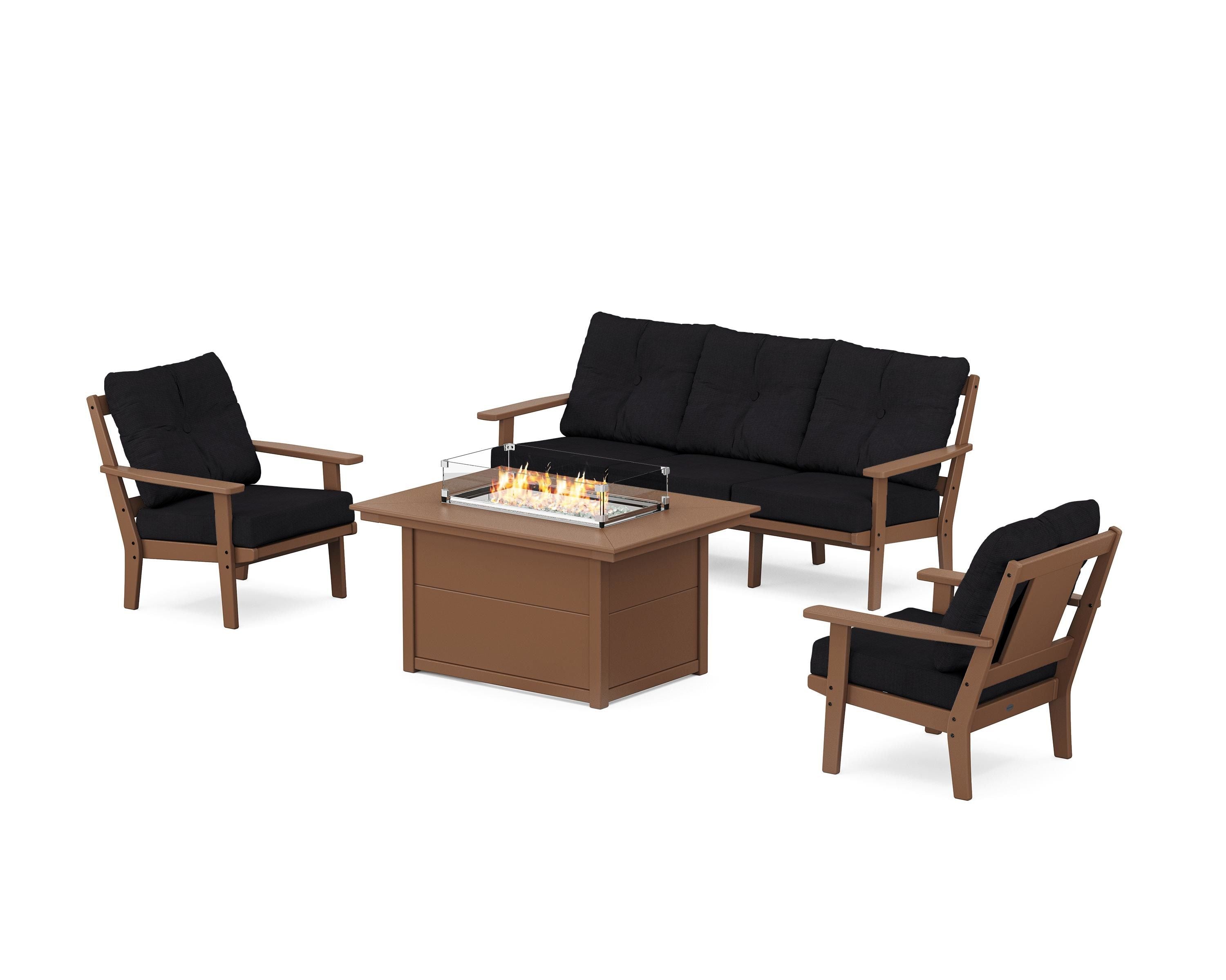 POLYWOOD® Prairie Deep Seating Fire Pit Table Set in Teak / Midnight Linen