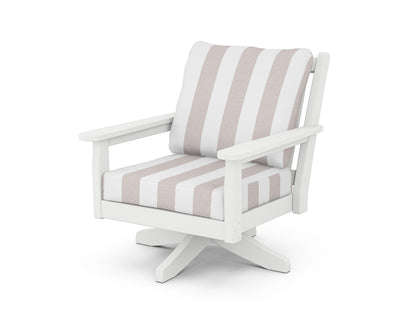 POLYWOOD® Chippendale Deep Seating Swivel Chair in White / Cabana Stripe Dune Burlap