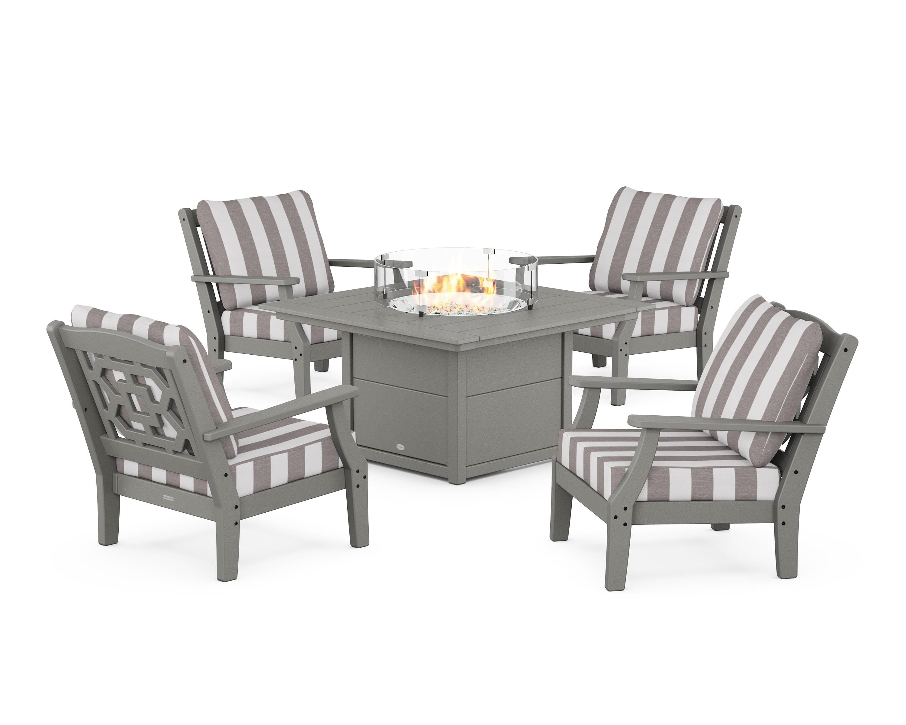 Martha Stewart by POLYWOOD® Chinoiserie 5-Piece Deep Seating Set with Fire Pit Table in Slate Grey / Cabana Stripe Grey Mist