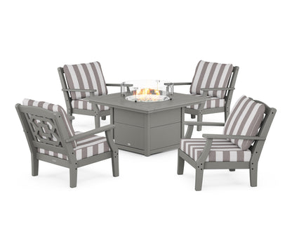 Martha Stewart by POLYWOOD® Chinoiserie 5-Piece Deep Seating Set with Fire Pit Table in Slate Grey / Cabana Stripe Grey Mist