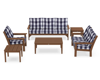 POLYWOOD® Vineyard 6-Piece Deep Seating Set in Teak / Buffalo Plaid Navy