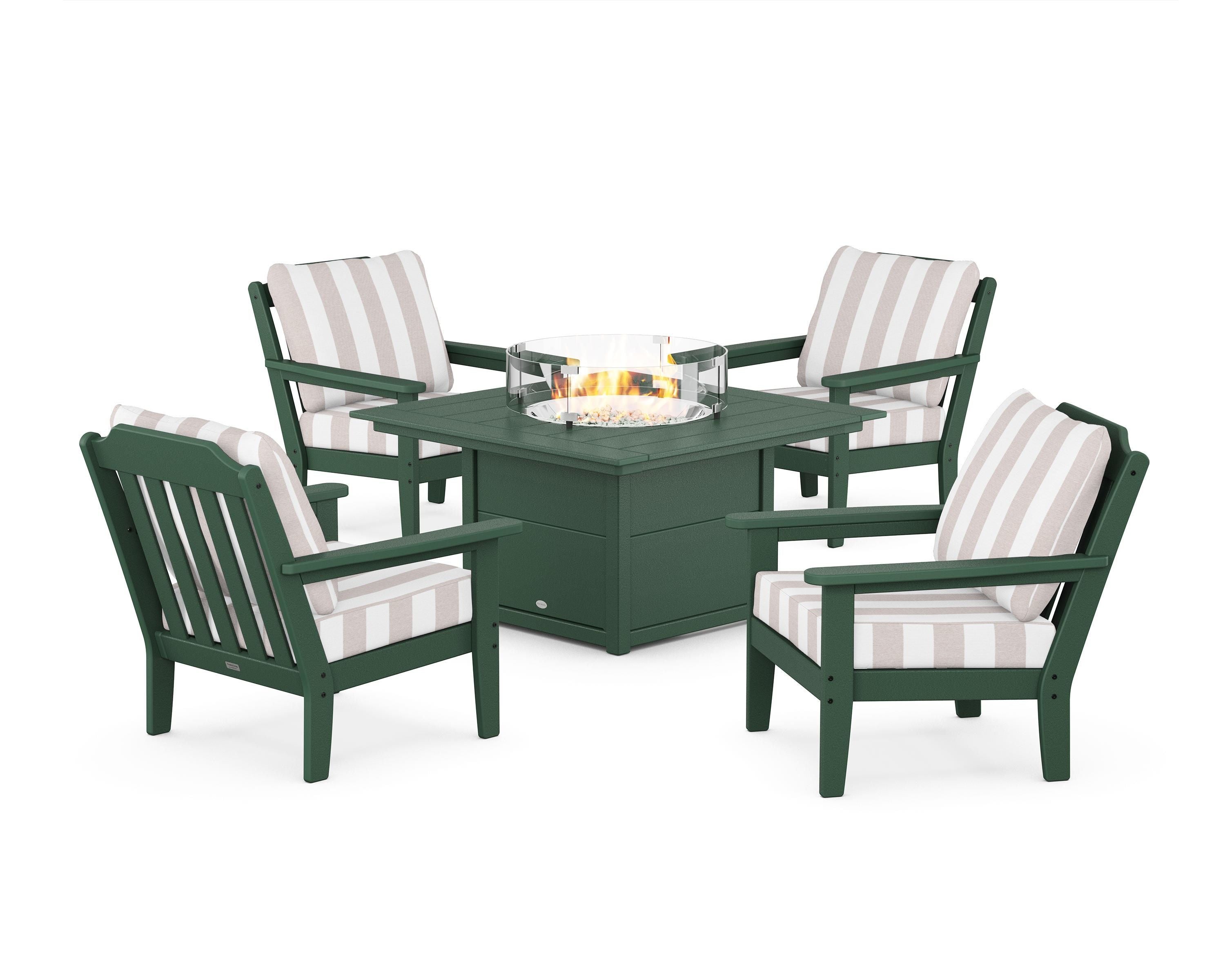 Country Living Cottage 5-Piece Deep Seating Set with Fire Pit Table in Green / Cabana Stripe Dune Burlap