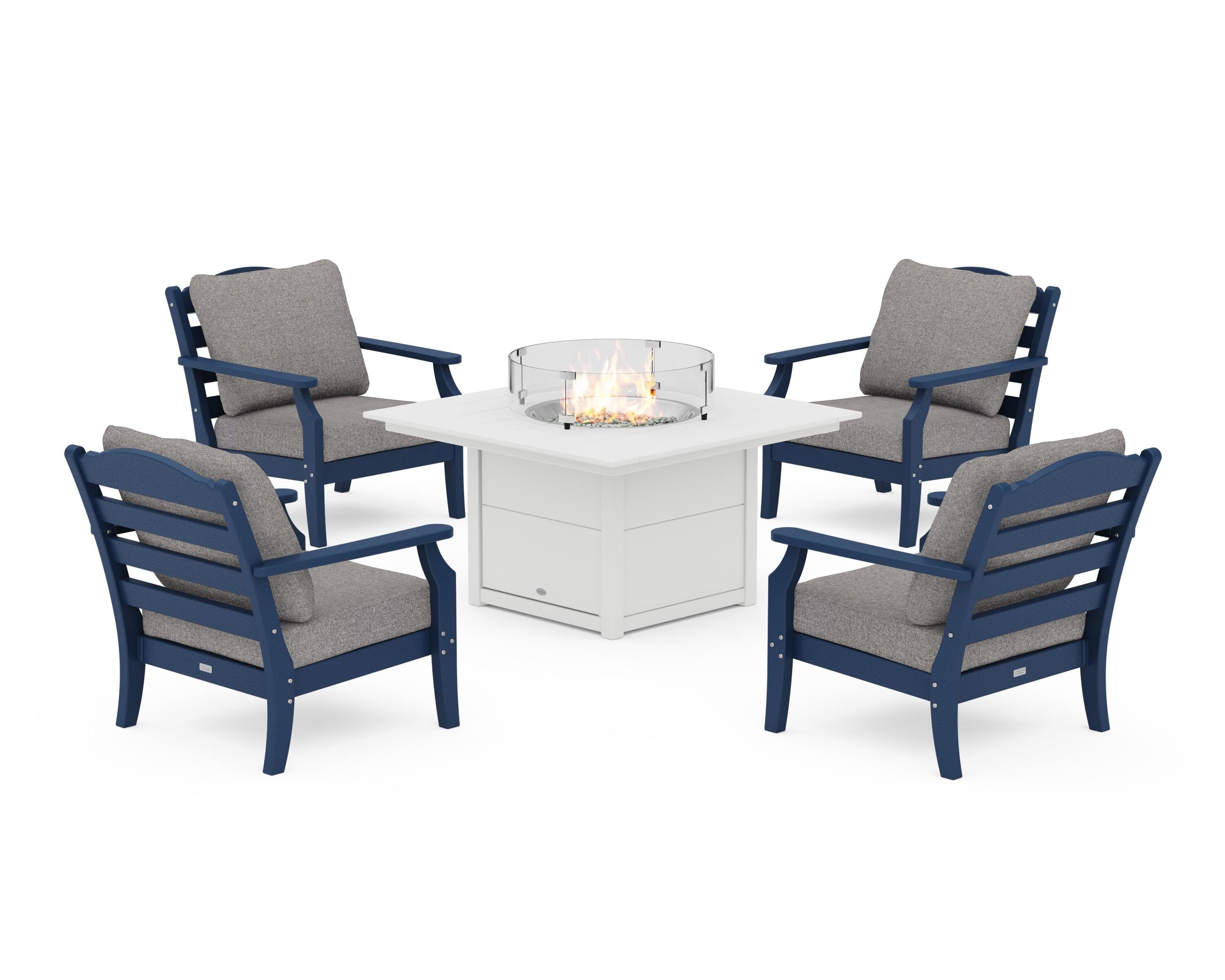 Draper James™ by  POLYWOOD® Savannah 5-Piece Deep Seating Set with Fire Pit Table in Navy / Grey Mist