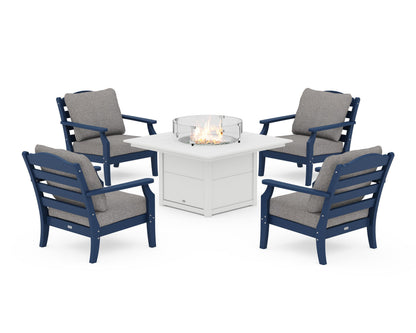 Draper James™ by  POLYWOOD® Savannah 5-Piece Deep Seating Set with Fire Pit Table in Navy / Grey Mist