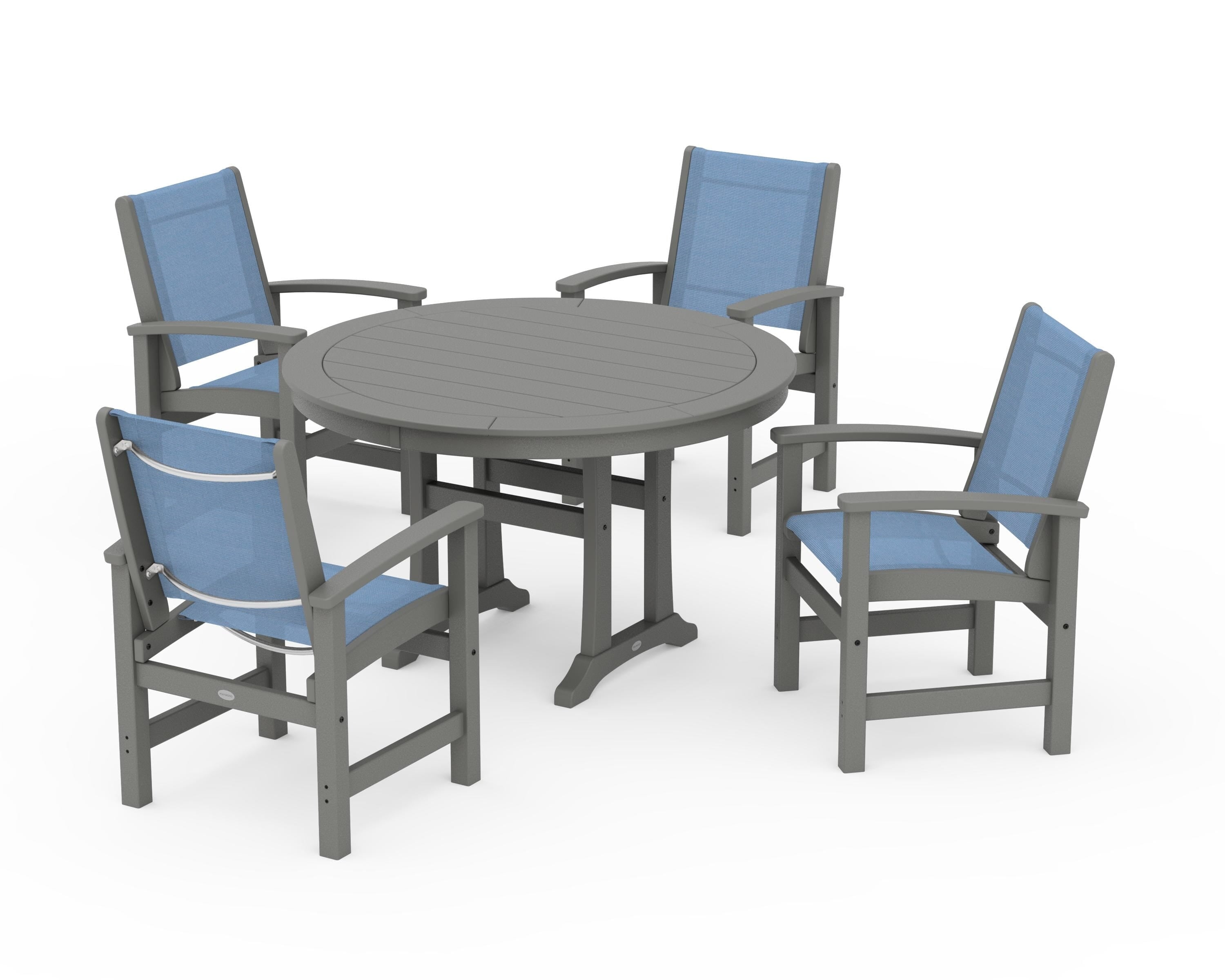 POLYWOOD® Coastal 5-Piece Round Dining Set with Trestle Legs in Slate Grey / Poolside Sling