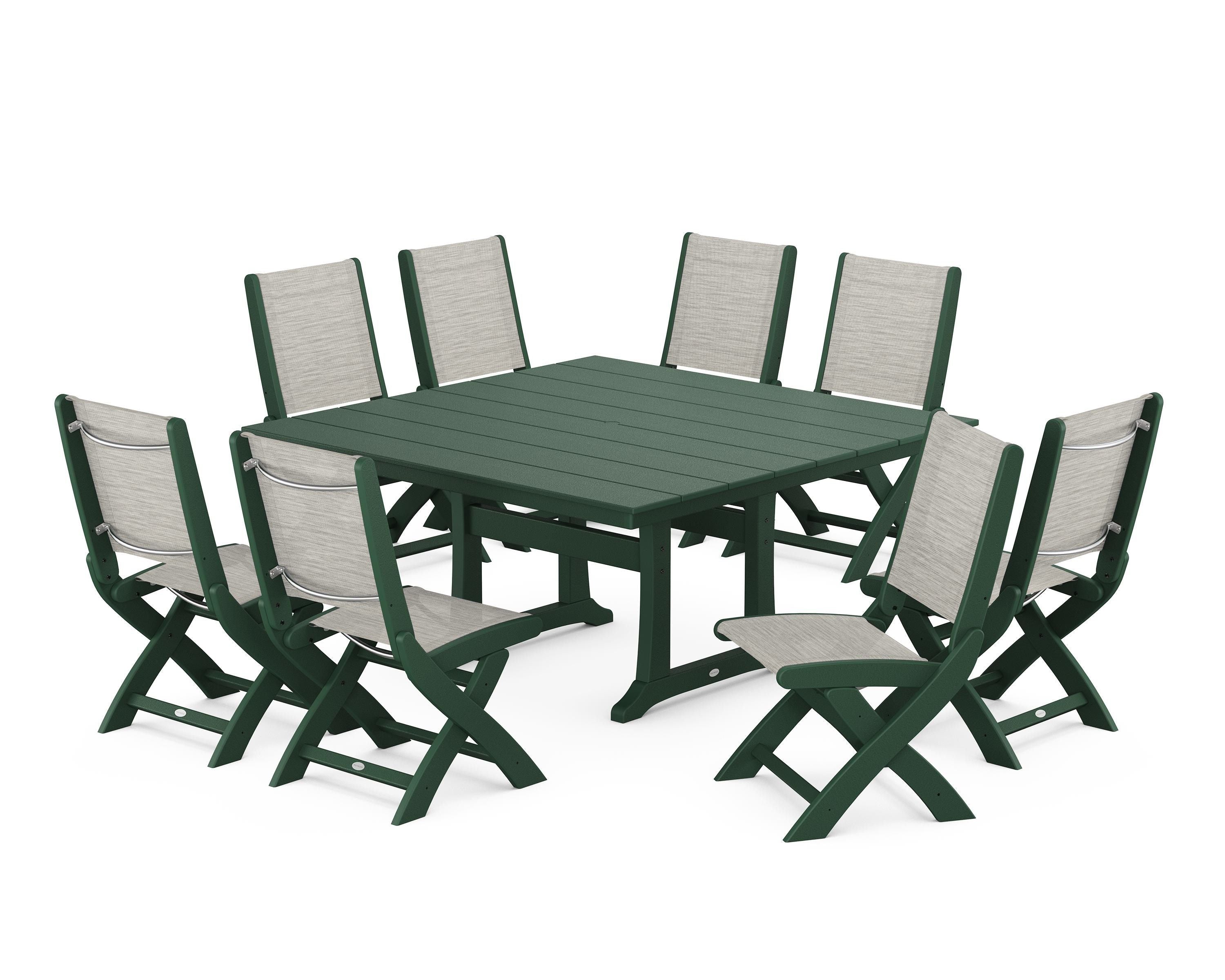 POLYWOOD® Coastal Folding Side Chair 9-Piece Farmhouse Dining Set in Green / Birch Sling