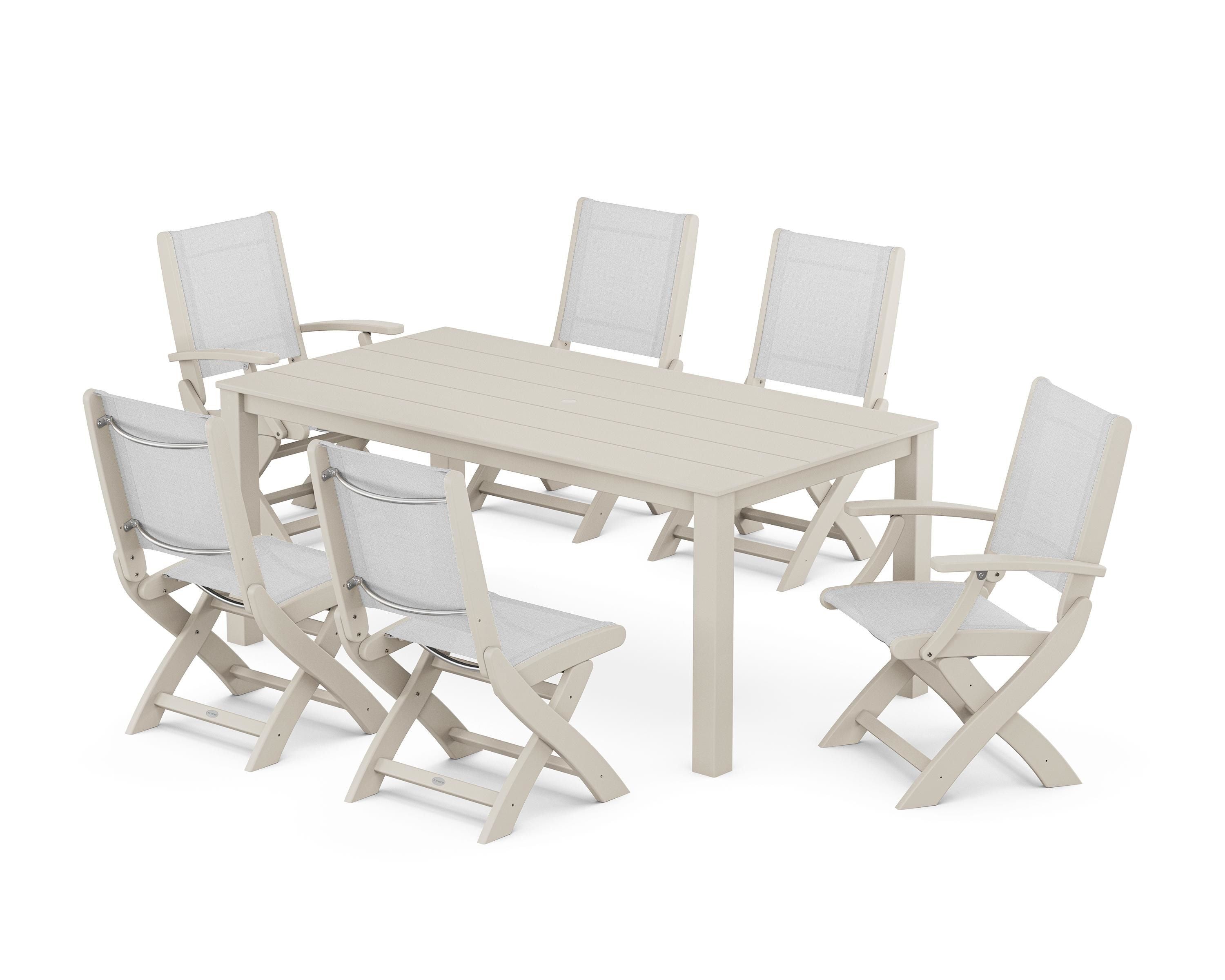 POLYWOOD® Coastal Folding Chair 7-Piece Parsons Dining Set in Sand / White Sling