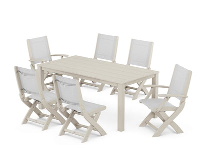 POLYWOOD® Coastal Folding Chair 7-Piece Parsons Dining Set in Sand / White Sling