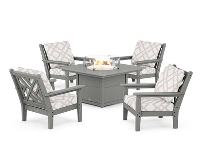 POLYWOOD® Chippendale 5-Piece Deep Seating Set with Fire Pit Table in Slate Grey / Trellis Dune Burlap