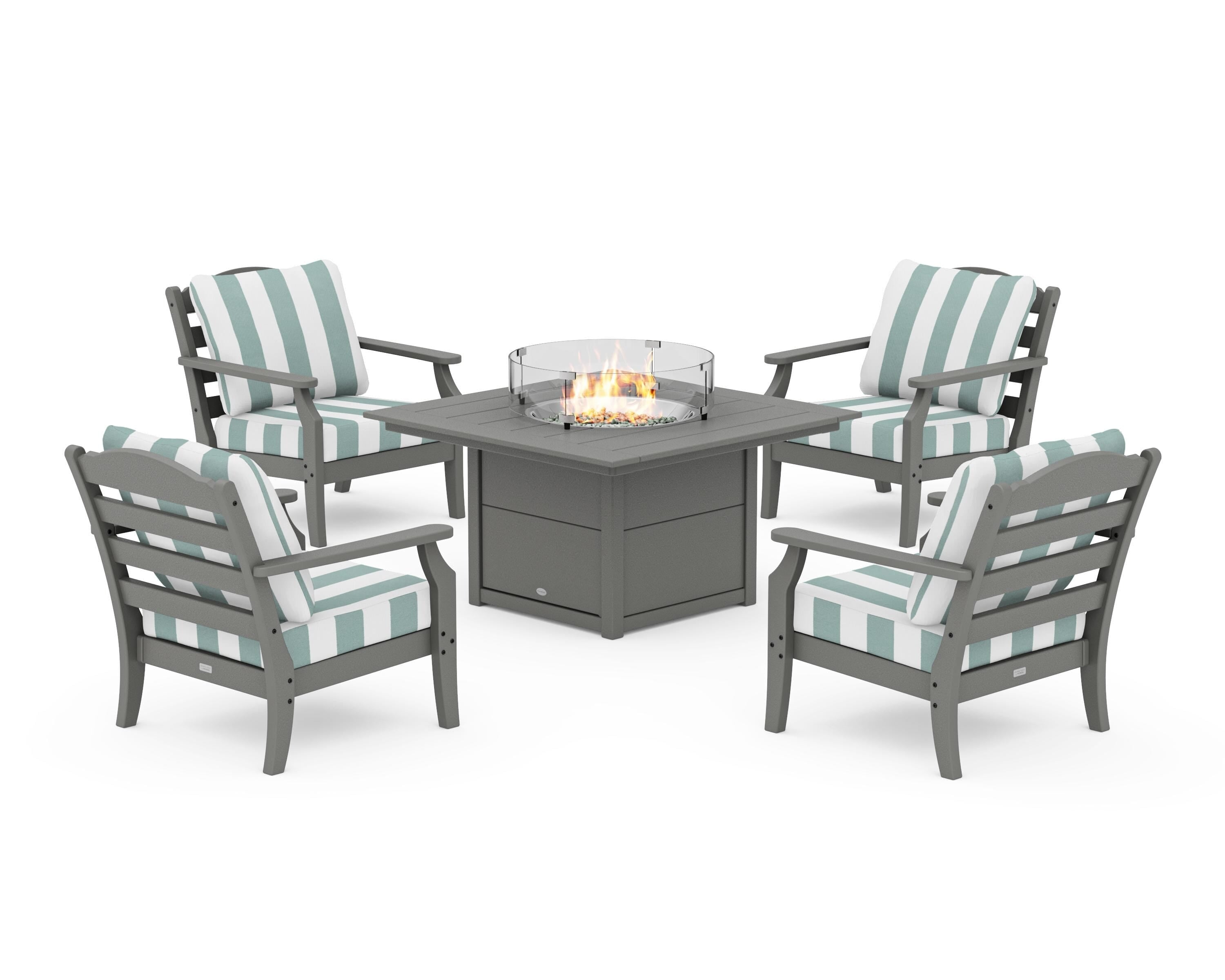 Draper James™ by  POLYWOOD® Savannah 5-Piece Deep Seating Set with Fire Pit Table in Slate Grey / Cabana Stripe Glacier Spa
