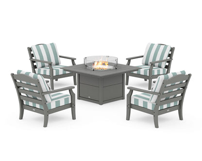 Draper James™ by  POLYWOOD® Savannah 5-Piece Deep Seating Set with Fire Pit Table in Slate Grey / Cabana Stripe Glacier Spa