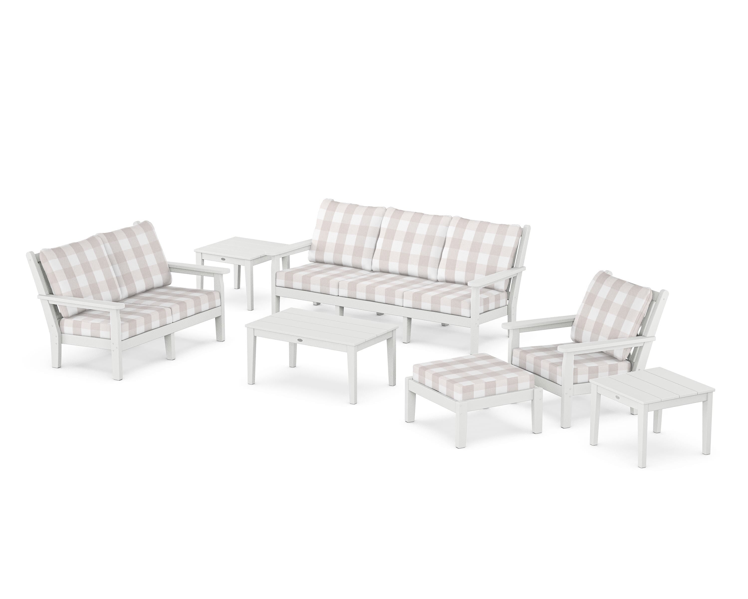 POLYWOOD® Chippendale 7-Piece Deep Seating Set in White / Buffalo Plaid Dune Burlap