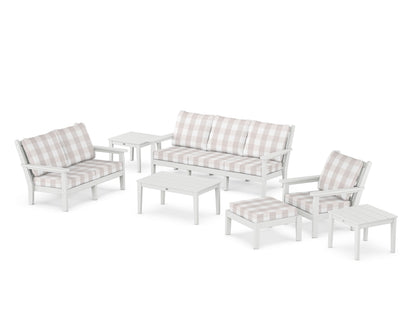 POLYWOOD® Chippendale 7-Piece Deep Seating Set in White / Buffalo Plaid Dune Burlap
