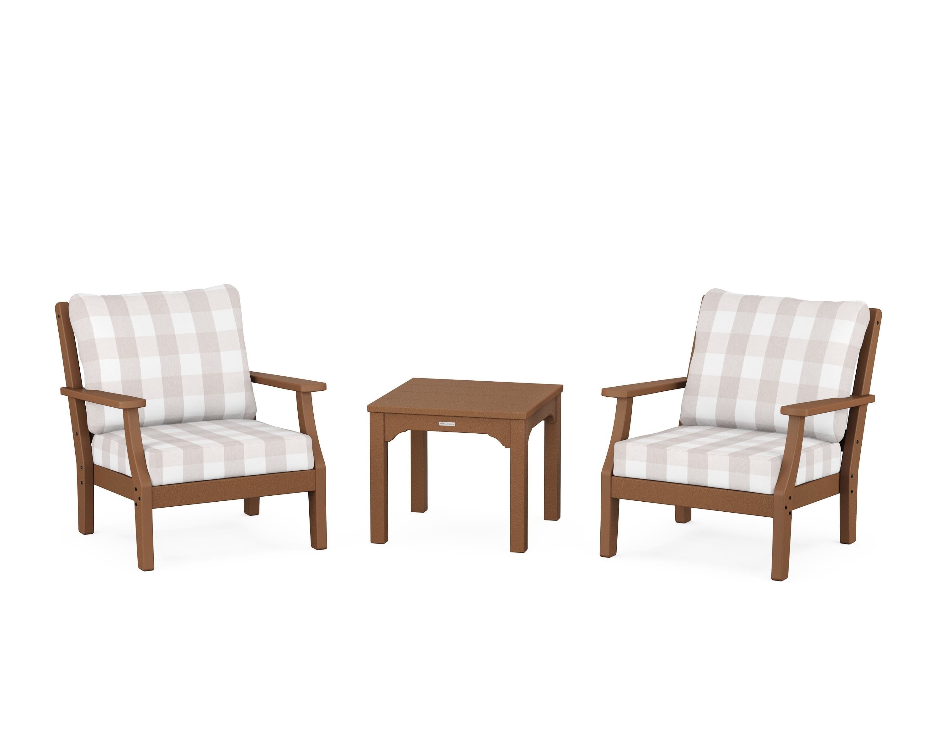 Martha Stewart by POLYWOOD® Chinoiserie 3-Piece Deep Seating Set in Teak / Buffalo Plaid Dune Burlap