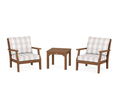 Martha Stewart by POLYWOOD® Chinoiserie 3-Piece Deep Seating Set in Teak / Buffalo Plaid Dune Burlap