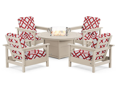 POLYWOOD® Club 5-Piece Conversation Set with Fire Pit Table in Sand / Trellis Crimson