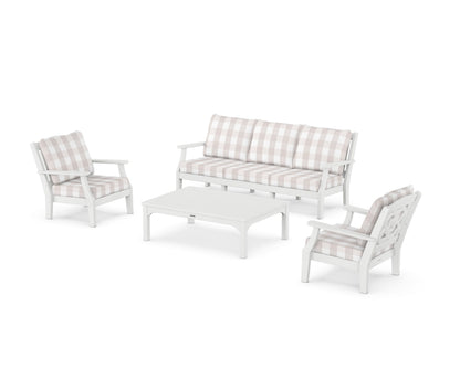 Martha Stewart by POLYWOOD® Chinoiserie 4-Piece Deep Seating Set with Sofa in White / Buffalo Plaid Dune Burlap