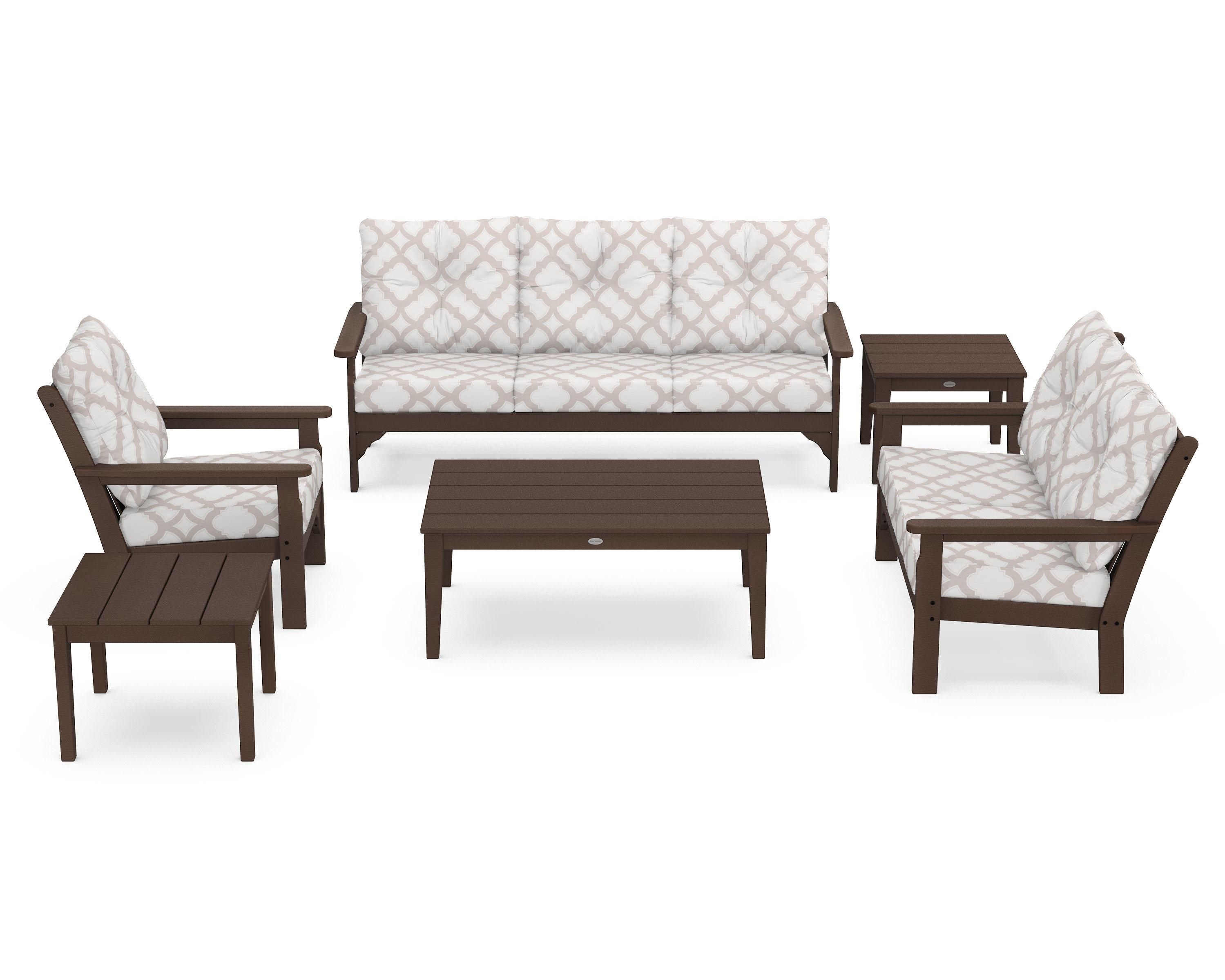 POLYWOOD® Vineyard 6-Piece Deep Seating Set in Mahogany / Trellis Dune Burlap